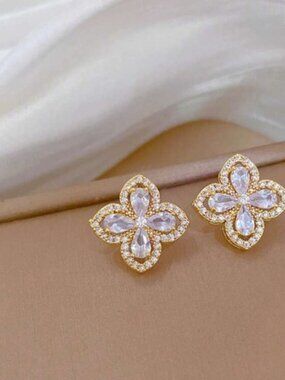 Gold Butterfly Stud Earrings Cubic Zirconia Stainless Steel Dainty Floral